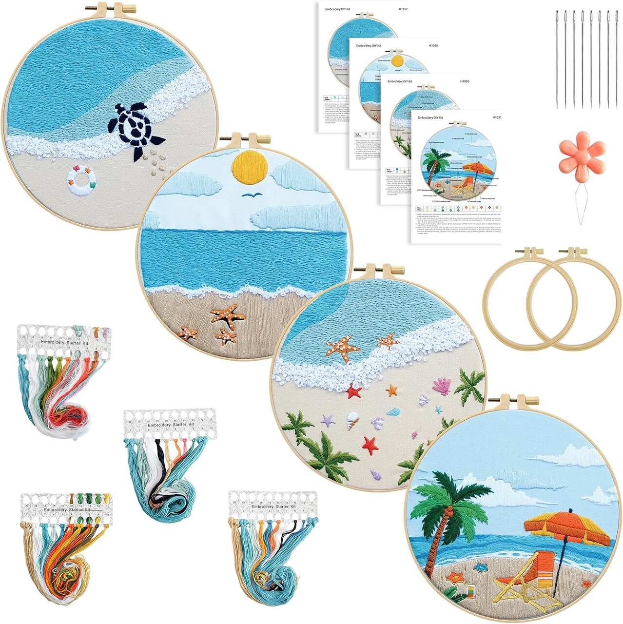 4 Set Ocean Embroidery Kit for Beginners Adults Embroidery Starter Kit Ocean Beach Patterns Hand Crewel Embroidery Kit Cross Stitch Kits 7.9 x 7.9 inches